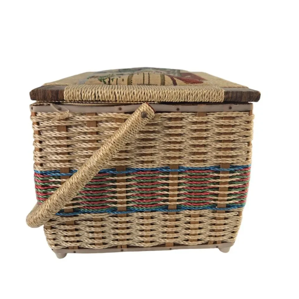 Vintage Sewing Basket with Handle Woven Asian Motif Fabric‎ Top Box 8 x 10.5 x 7